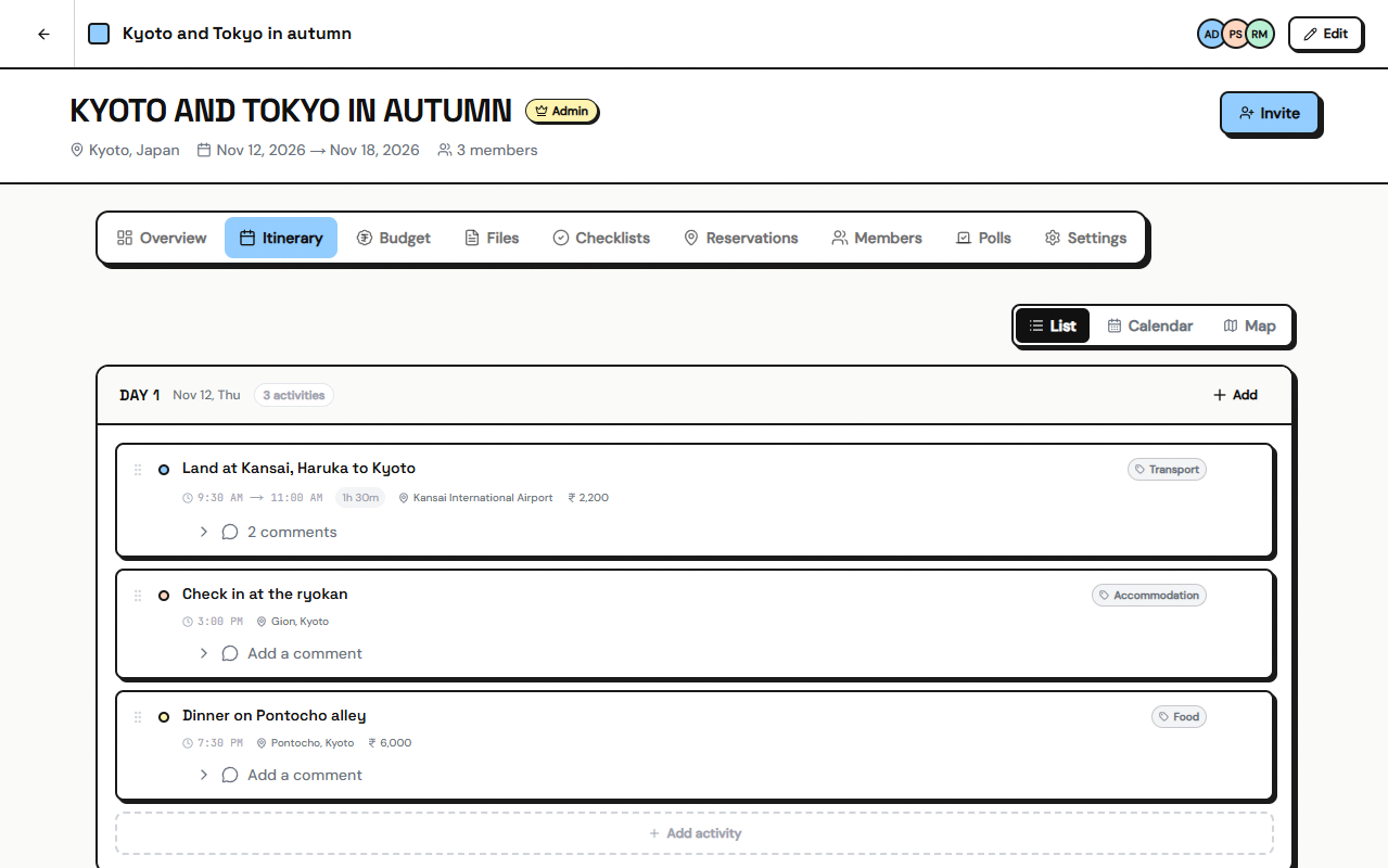 Itinerary list view